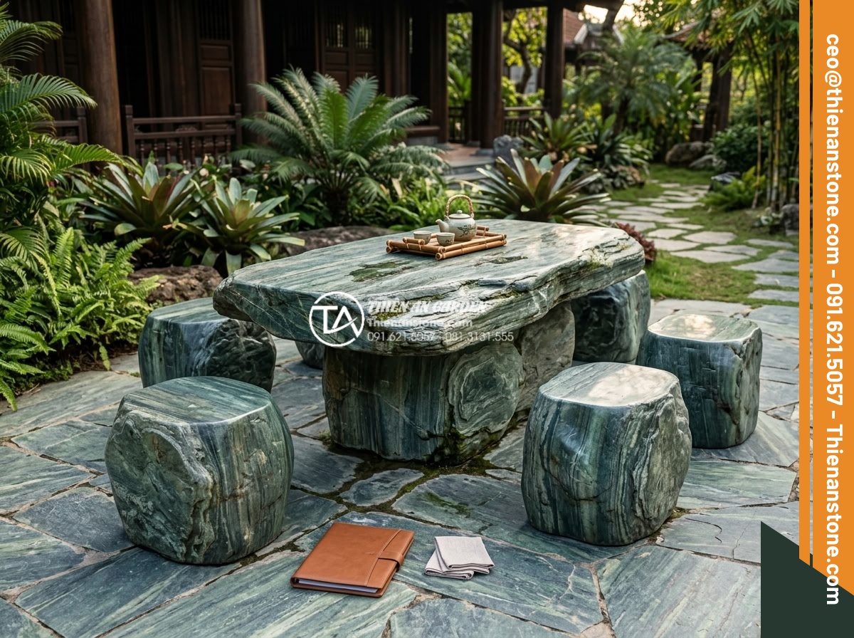 Mẫu bàn ghế bằng đá xanh Nhật Bản tự nhiên: Điểm nhấn cho góc trà chiều - Completed high-quality Japanese green stone table and chairs installation in lux