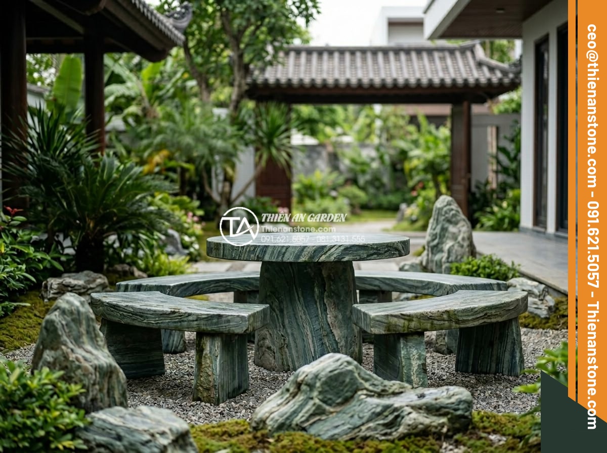 Mẫu bàn ghế bằng đá xanh Nhật Bản tự nhiên: Điểm nhấn cho góc trà chiều - Professional team from Thien An Stone company installing premium Japanese green 