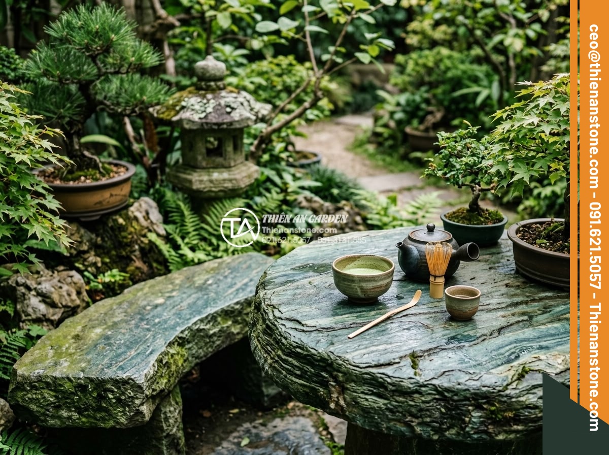 Mẫu bàn ghế bằng đá xanh Nhật Bản tự nhiên: Điểm nhấn cho góc trà chiều - Close-up view of Japanese green stone bench and round table set for tea time, sh