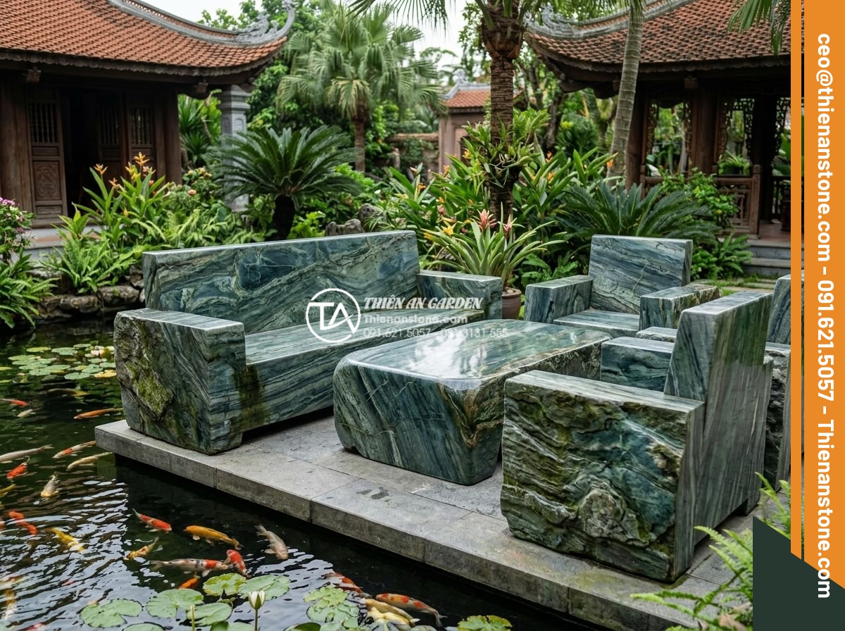Mẫu bàn ghế bằng đá xanh Nhật Bản tự nhiên: Điểm nhấn cho góc trà chiều - High detail image of solid block Japanese green stone furniture set including be
