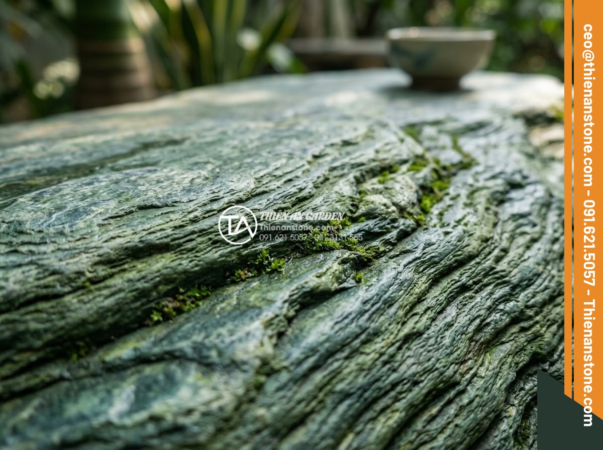 Mẫu bàn ghế bằng đá xanh Nhật Bản tự nhiên: Điểm nhấn cho góc trà chiều - Detailed macro shot of Japanese green stone surface texture with emerging natura