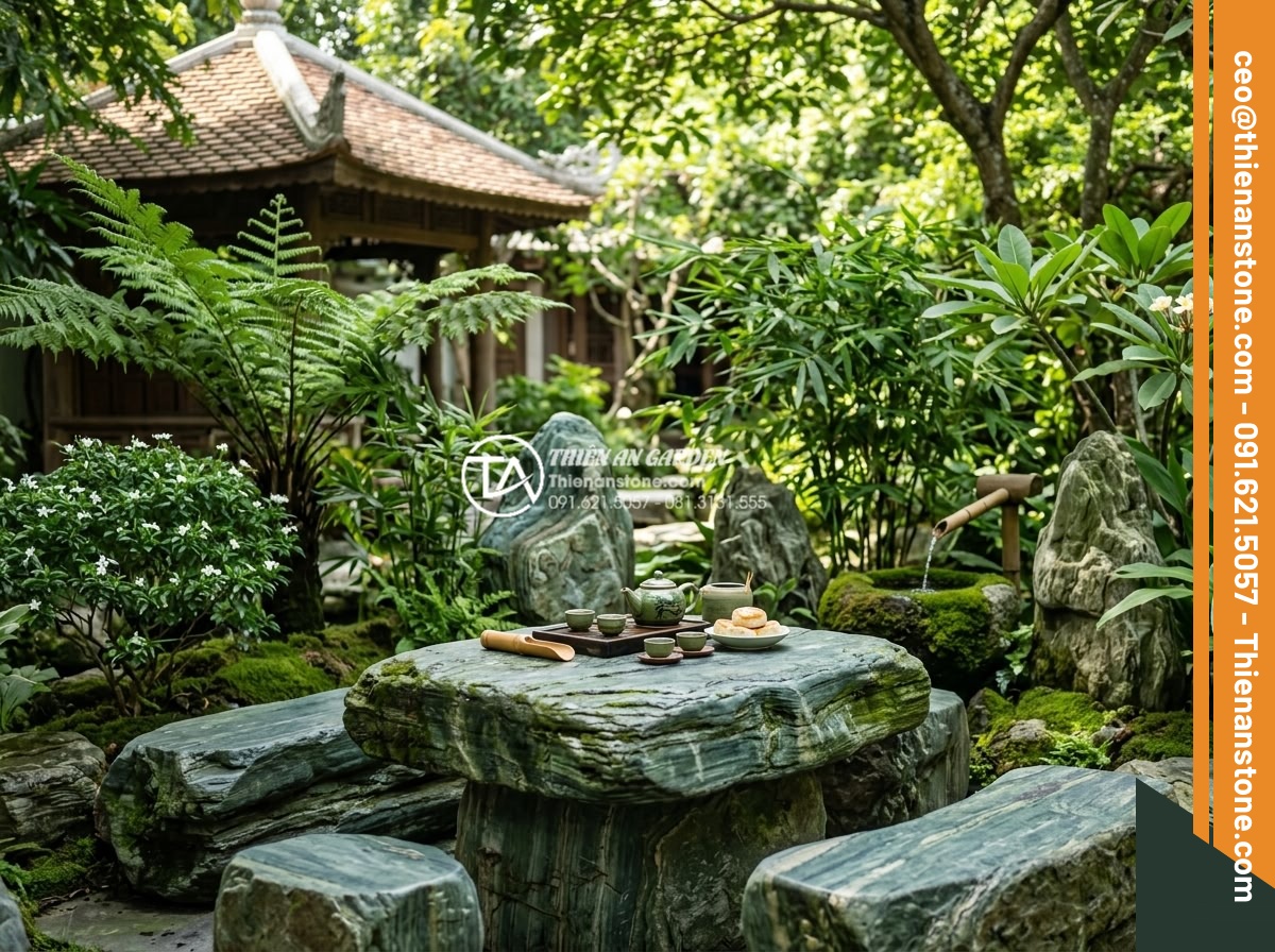 Mẫu bàn ghế bằng đá xanh Nhật Bản tự nhiên: Điểm nhấn cho góc trà chiều - Beautiful outdoor tea corner with Japanese green stone furniture, people enjoyin