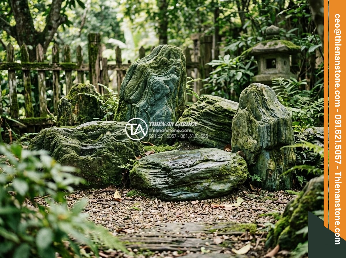 Mẫu bàn ghế bằng đá xanh Nhật Bản tự nhiên: Điểm nhấn cho góc trà chiều - Long-term view of aged Japanese green stone garden set with beautiful patina and