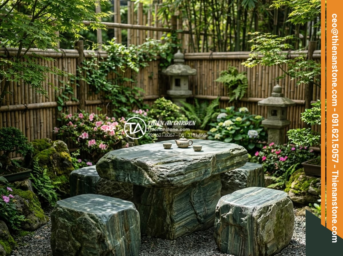 Mẫu bàn ghế bằng đá xanh Nhật Bản tự nhiên: Điểm nhấn cho góc trà chiều - Perfectly designed Japanese-style tea corner with green stone table and chairs, 
