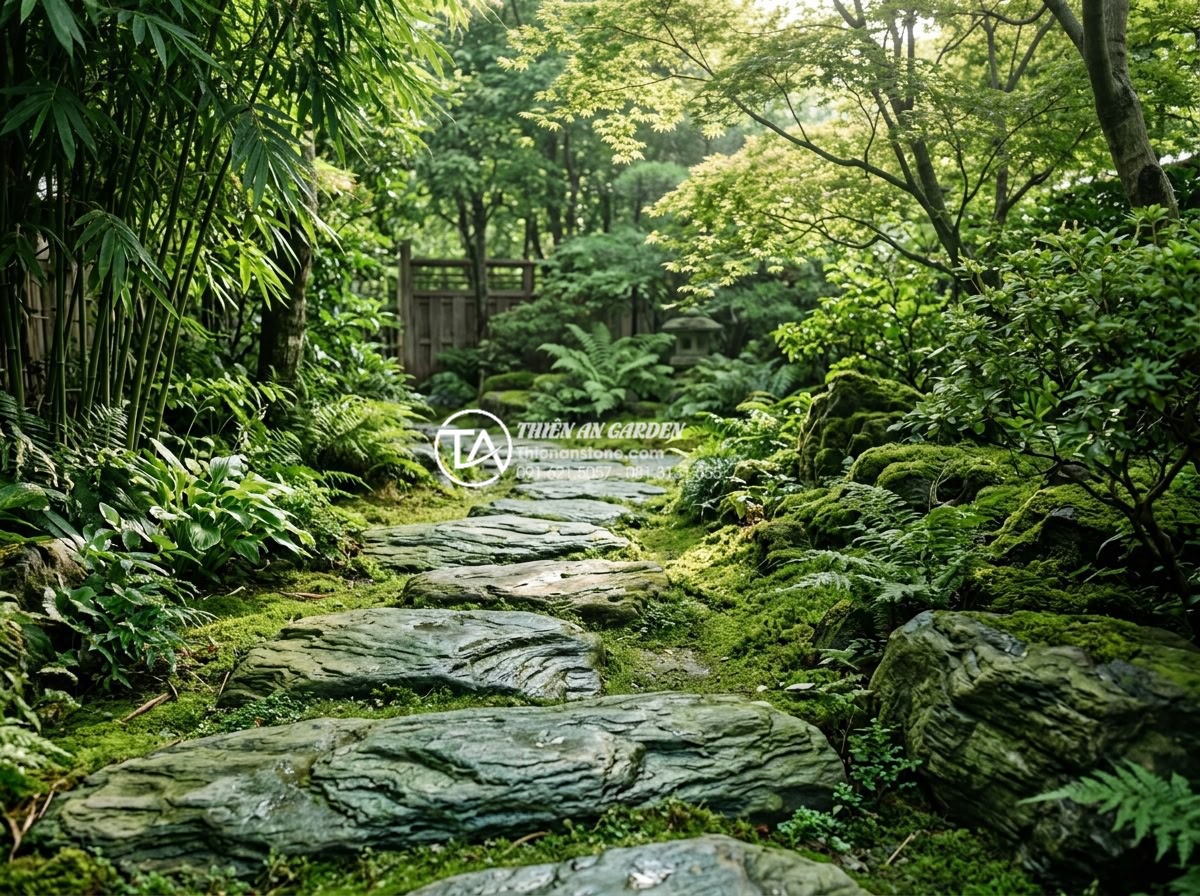 Mẫu lối đi sân vườn lát đá xanh Nhật Bản: Đơn giản nhưng đầy tinh tế - High-resolution realistic photograph of a serene Japanese-inspired garden pathwa