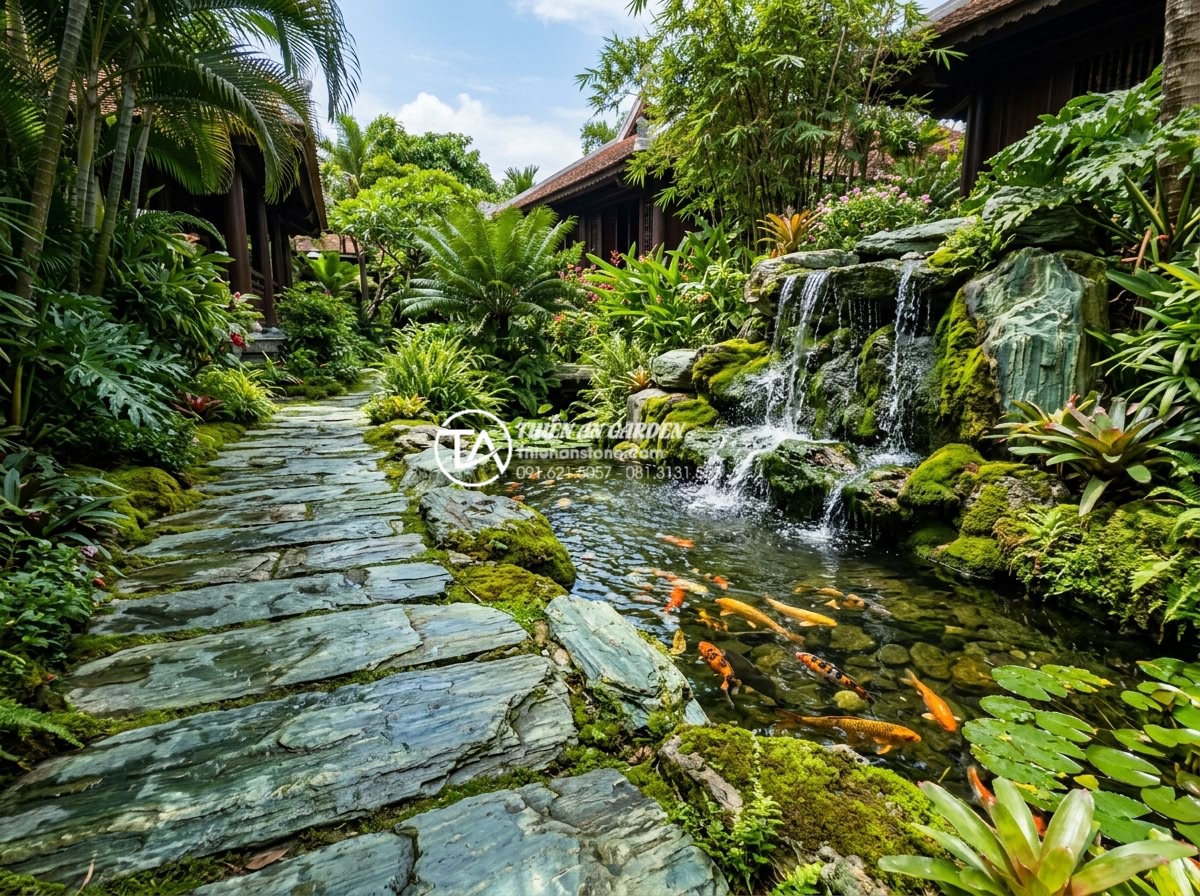 Mẫu lối đi sân vườn lát đá xanh Nhật Bản: Đơn giản nhưng đầy tinh tế - Stunning realistic photograph of Japanese green stone pathway seamlessly integra
