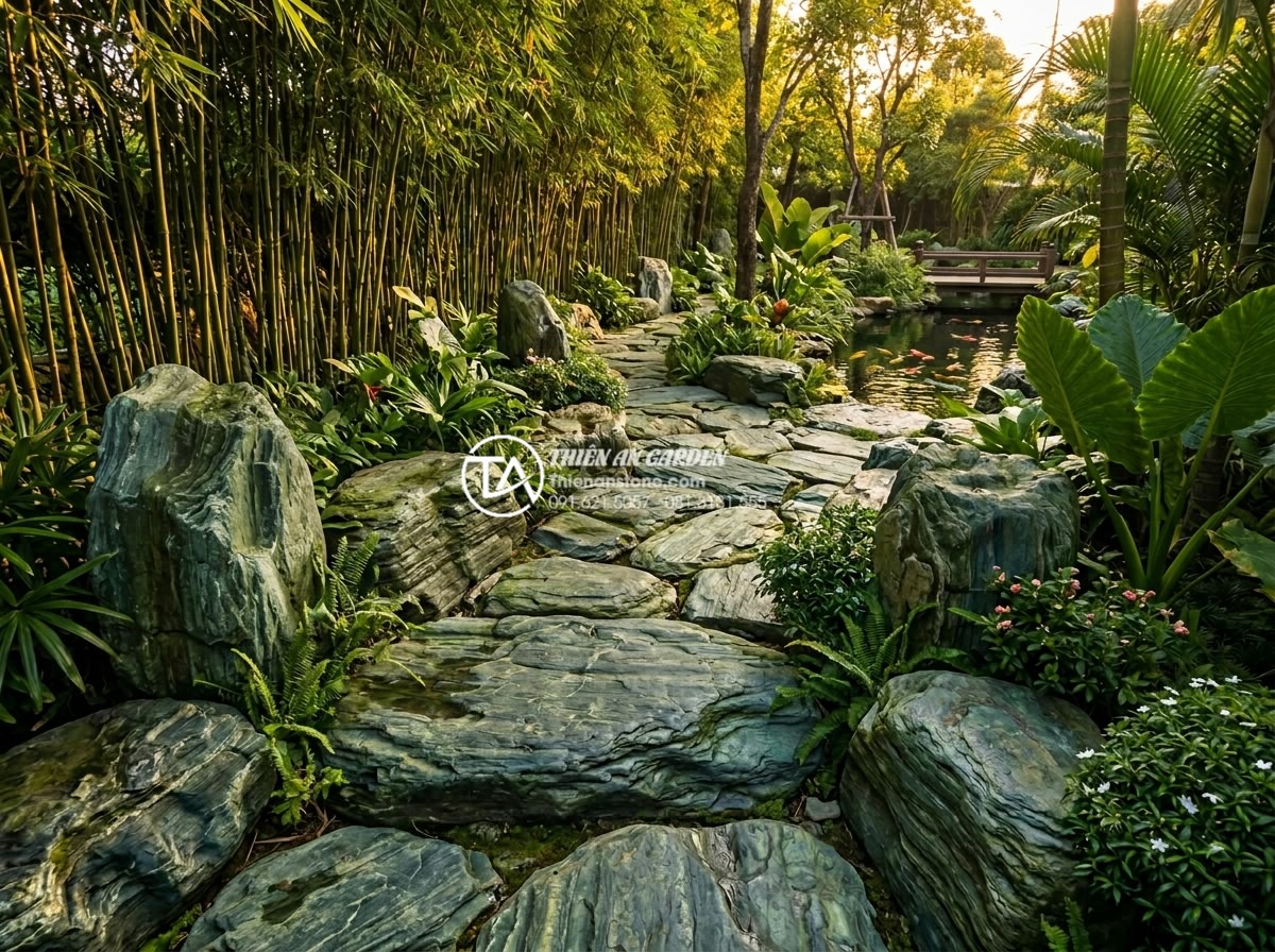 Mẫu lối đi sân vườn lát đá xanh Nhật Bản: Đơn giản nhưng đầy tinh tế - Wide angle realistic image of elegant Japanese green stone garden path winding t