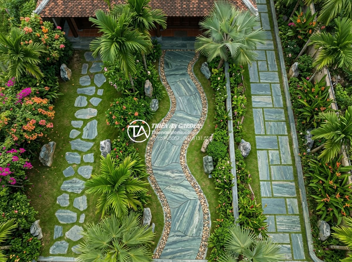 Mẫu lối đi sân vườn lát đá xanh Nhật Bản: Đơn giản nhưng đầy tinh tế - Aerial view realistic photograph of multiple Japanese green stone garden path de