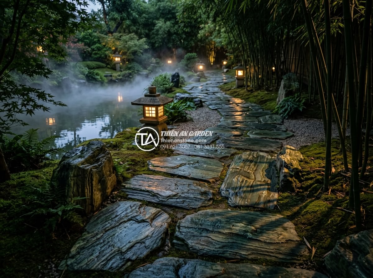 Mẫu lối đi sân vườn lát đá xanh Nhật Bản: Đơn giản nhưng đầy tinh tế - Artistic realistic photograph of a Japanese Zen garden stone path at dusk, green
