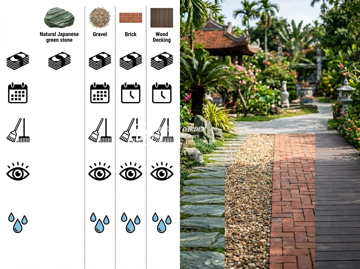Mẫu lối đi sân vườn lát đá xanh Nhật Bản: Đơn giản nhưng đầy tinh tế - Professional comparison chart visualization and realistic side-by-side photo of 