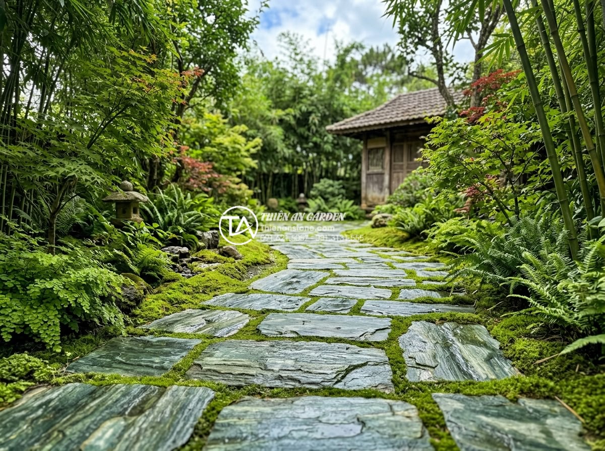 Mẫu lối đi sân vườn lát đá xanh Nhật Bản: Đơn giản nhưng đầy tinh tế - Realistic photograph of well-maintained Japanese green stone garden pathway afte