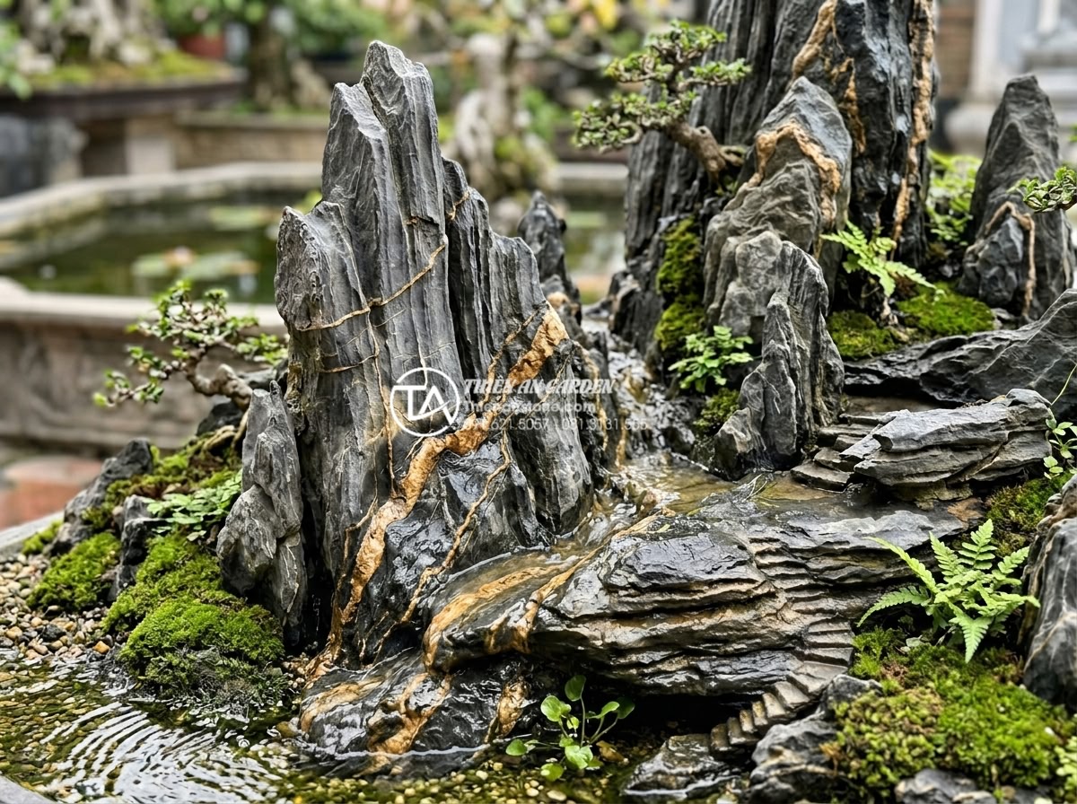 Nghệ thuật sử dụng đá trầm tích trong thiết kế hòn non bộ và tiểu cảnh - Close-up view of layered sedimentary rock formations with natural strata lines,