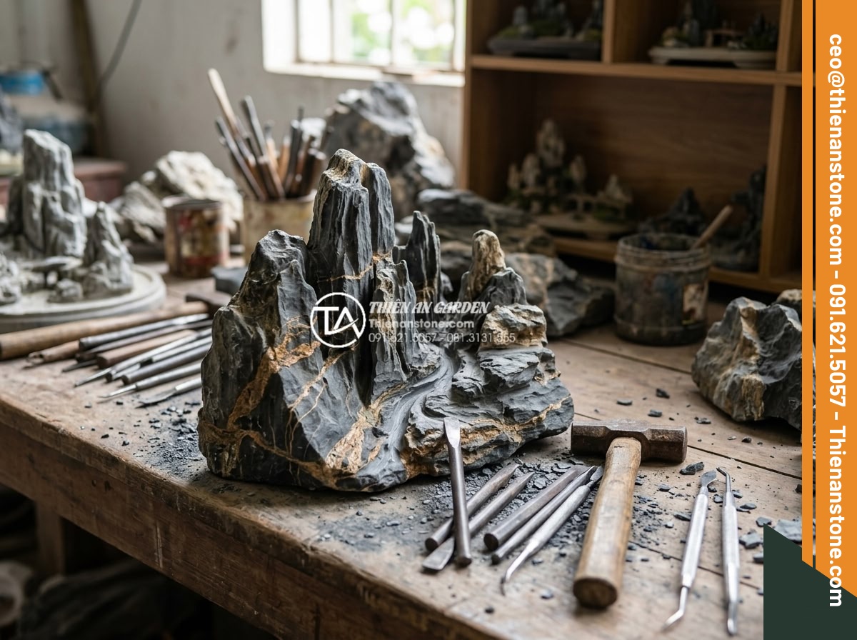 Nghệ thuật sử dụng đá trầm tích trong thiết kế hòn non bộ và tiểu cảnh - Artisan craftsmen hand-carving sedimentary rock for custom tiểu cảnh features, i