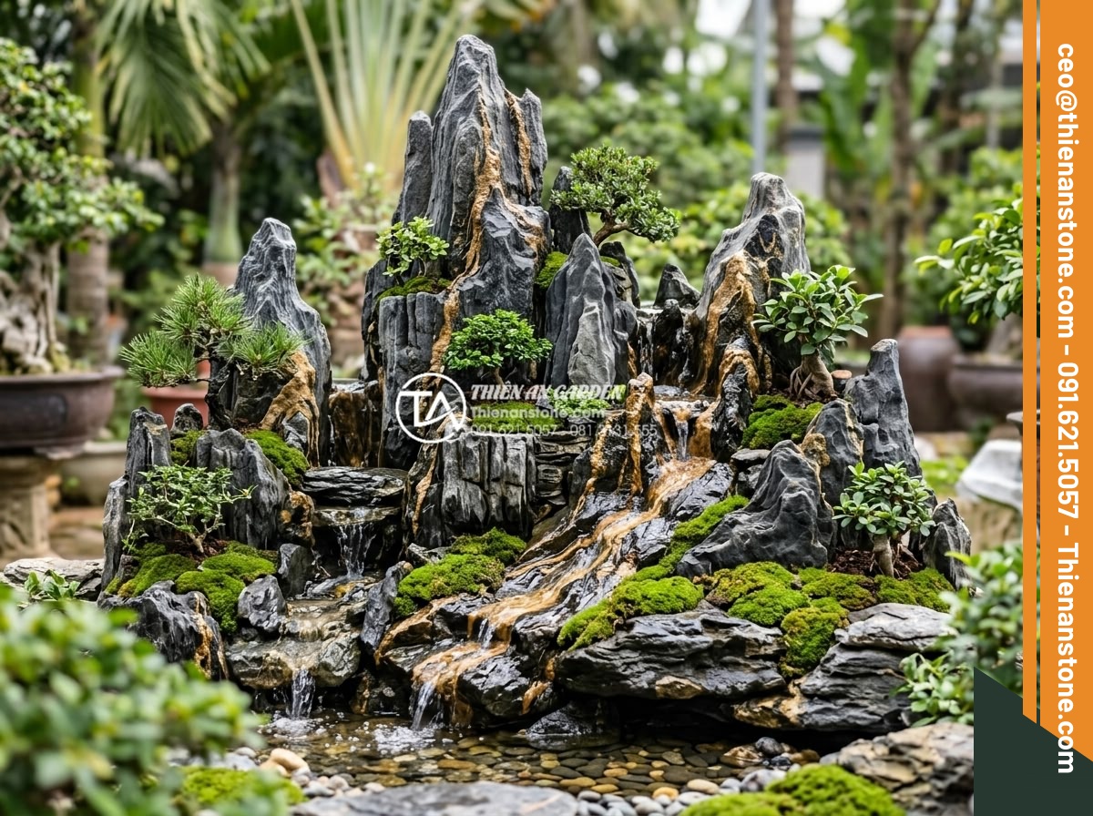 Nghệ thuật sử dụng đá trầm tích trong thiết kế hòn non bộ và tiểu cảnh - Completed construction of intricate hòn non bộ with sedimentary rocks, final tou