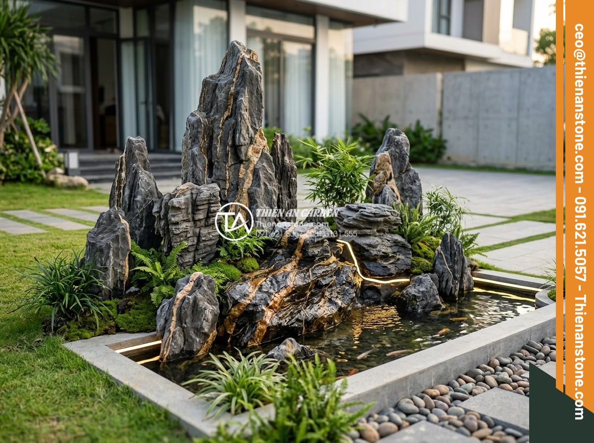 Nghệ thuật sử dụng đá trầm tích trong thiết kế hòn non bộ và tiểu cảnh - Modern creative tiểu cảnh using sedimentary rocks in a contemporary garden, feat