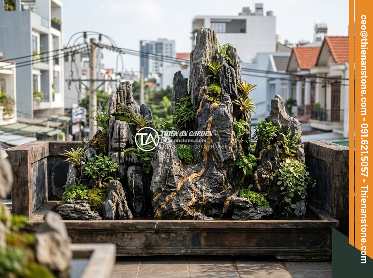 Nghệ thuật sử dụng đá trầm tích trong thiết kế hòn non bộ và tiểu cảnh - Innovative application of sedimentary rocks in a rooftop tiểu cảnh garden, with 