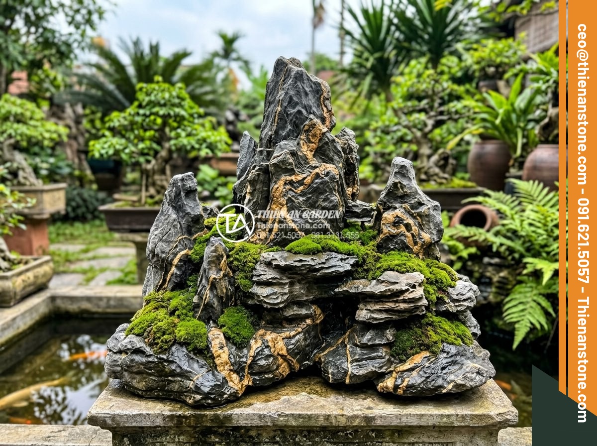 Nghệ thuật sử dụng đá trầm tích trong thiết kế hòn non bộ và tiểu cảnh - Long-term preserved sedimentary rock tiểu cảnh after years of maintenance, vibra