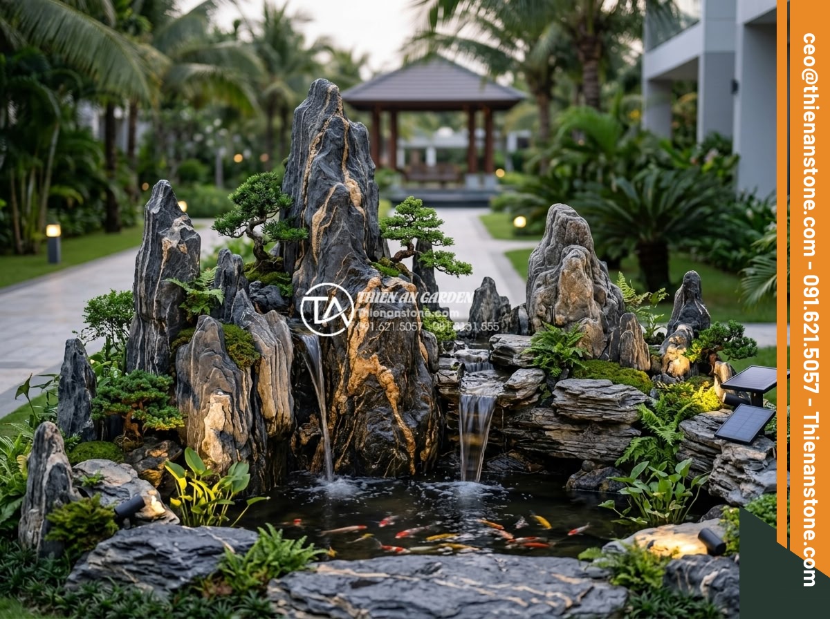 Nghệ thuật sử dụng đá trầm tích trong thiết kế hòn non bộ và tiểu cảnh - Futuristic modern hòn non bộ design trend using sedimentary rocks with integrate