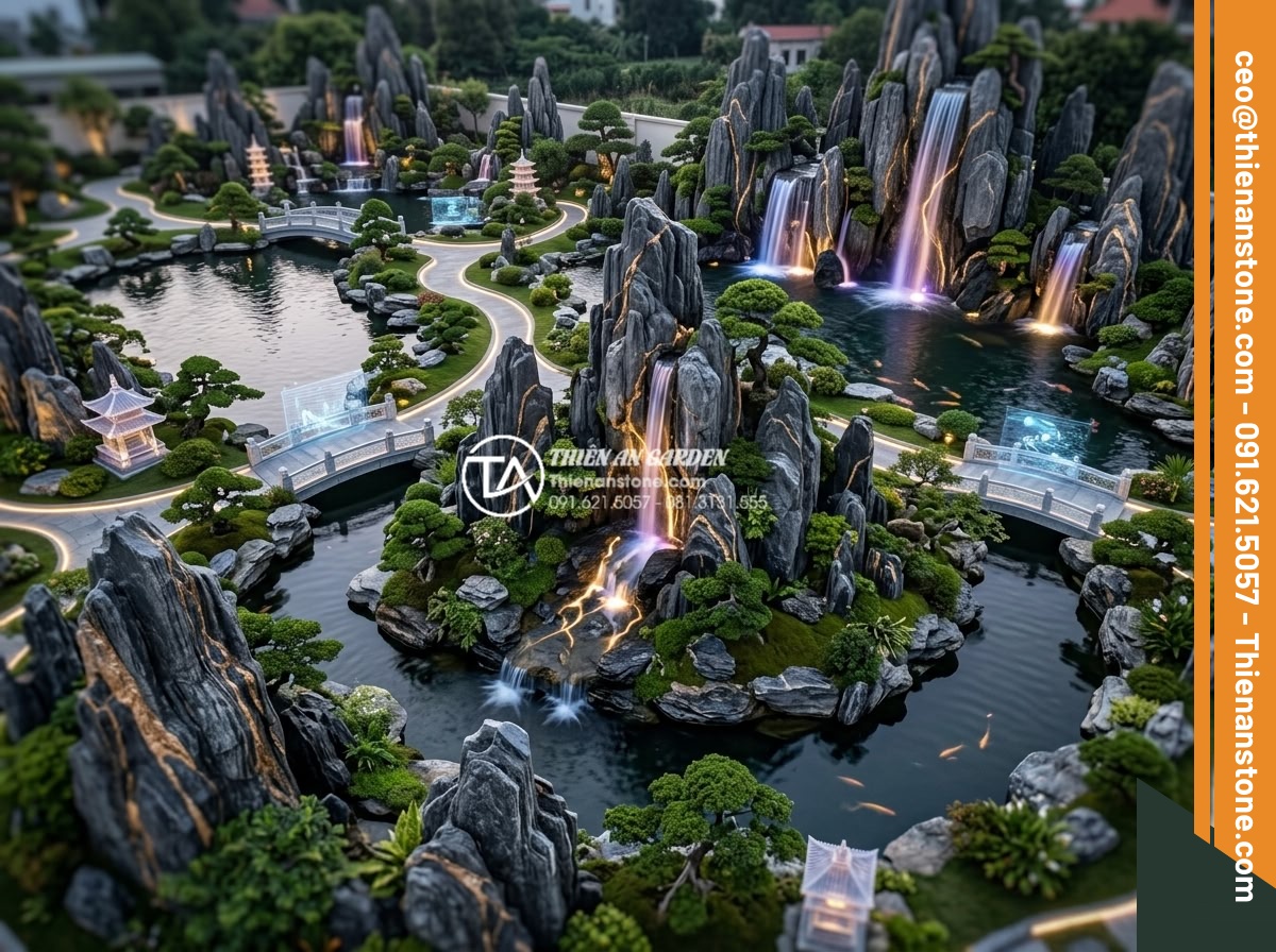 Nghệ thuật sử dụng đá trầm tích trong thiết kế hòn non bộ và tiểu cảnh - Visionary future concept of sedimentary rock landscape design, blending traditio
