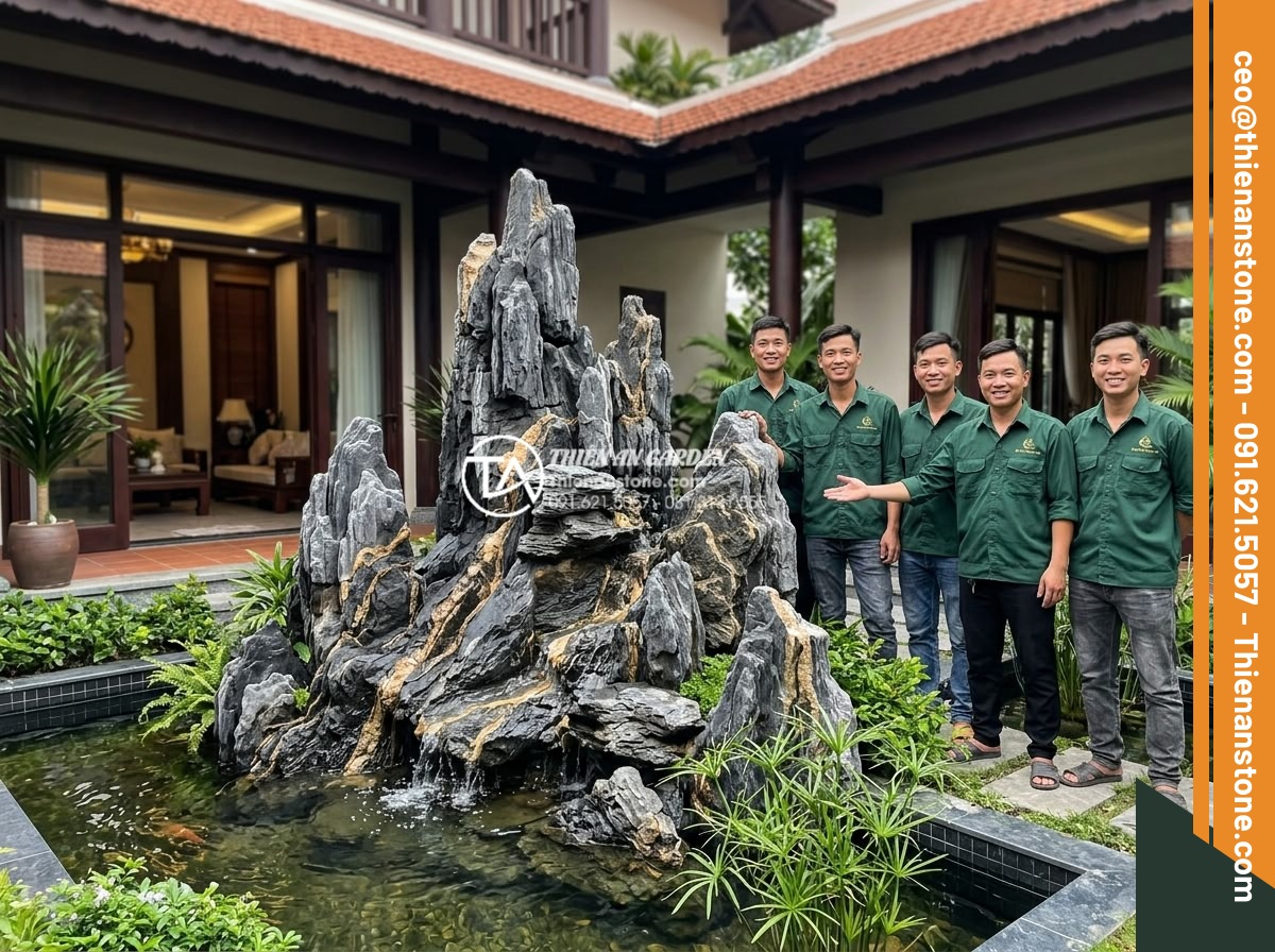 Nghệ thuật sử dụng đá trầm tích trong thiết kế hòn non bộ và tiểu cảnh - Real-world project showcase by Da Canh Thien An featuring completed sedimentary 