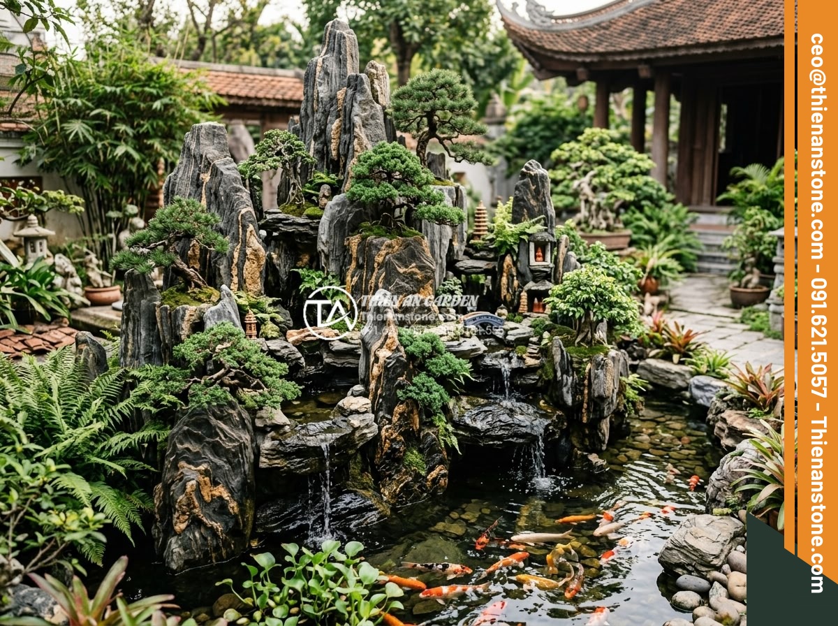 Nghệ thuật sử dụng đá trầm tích trong thiết kế hòn non bộ và tiểu cảnh - Wide angle shot of a complete hòn non bộ constructed primarily from sedimentary 