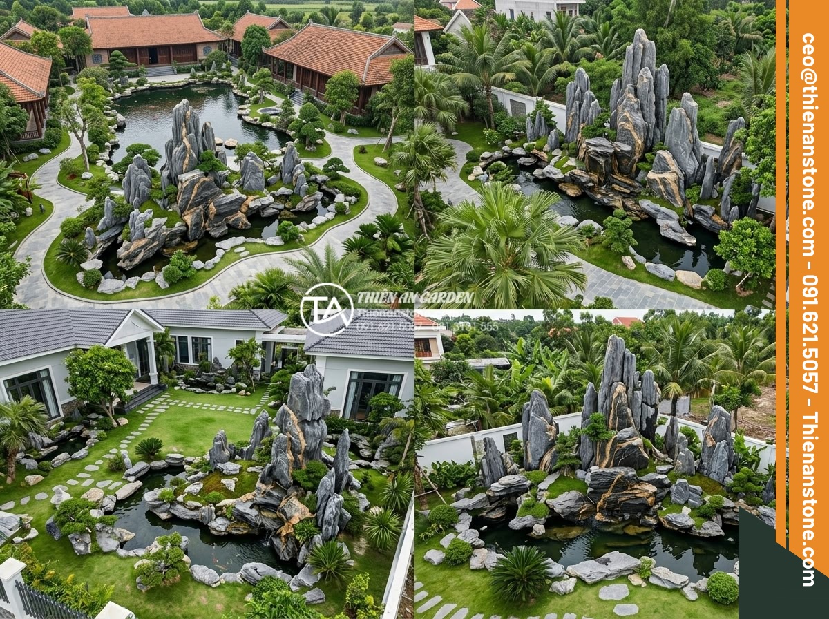 Nghệ thuật sử dụng đá trầm tích trong thiết kế hòn non bộ và tiểu cảnh - Aerial overview of multiple Da Canh Thien An stone garden projects using sedimen
