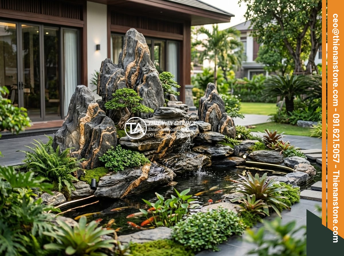 Nghệ thuật sử dụng đá trầm tích trong thiết kế hòn non bộ và tiểu cảnh - Detailed artistic rendering of sedimentary rock hòn non bộ in a luxury villa bac