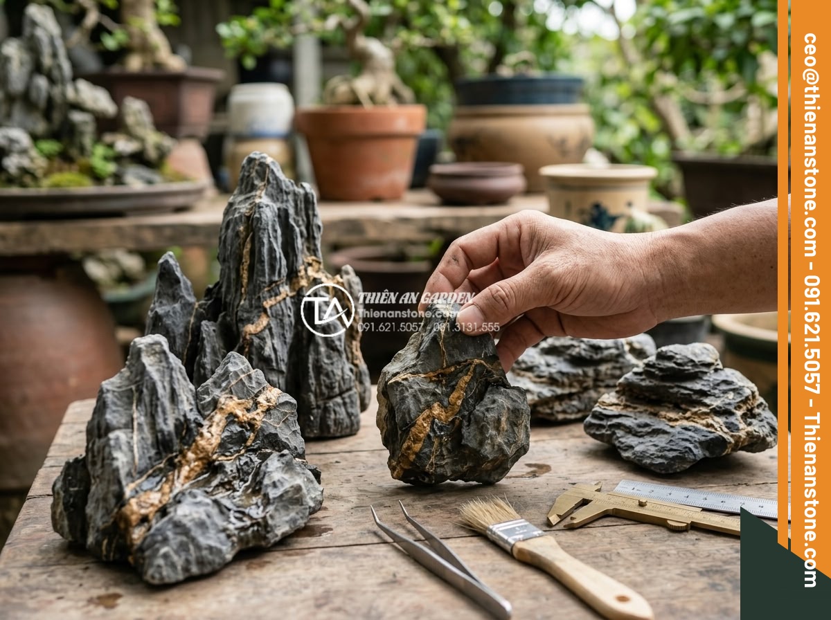 Nghệ thuật sử dụng đá trầm tích trong thiết kế hòn non bộ và tiểu cảnh - Expert hand selecting sedimentary rock specimens based on color harmony and stru