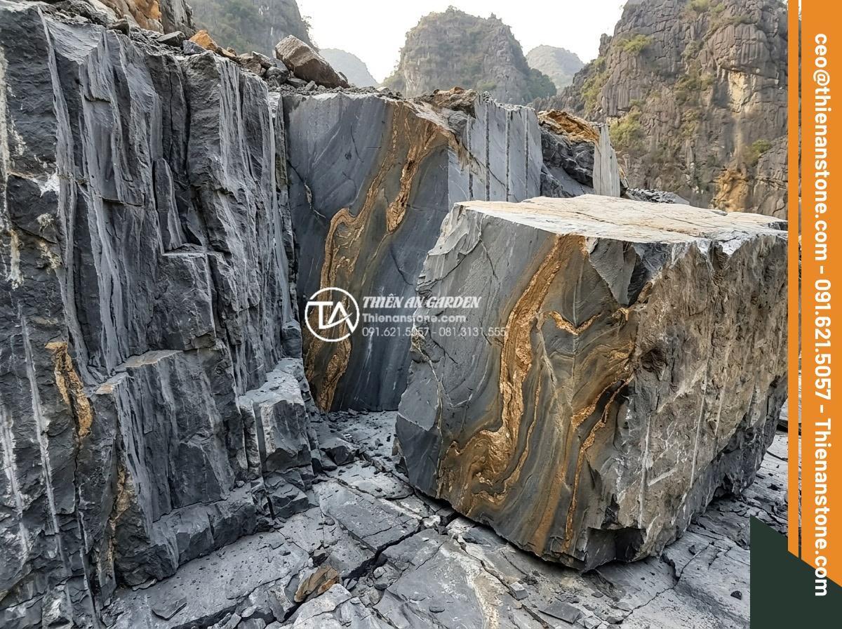 Nghệ thuật sử dụng đá trầm tích trong thiết kế hòn non bộ và tiểu cảnh - Step-by-step quarrying and crafting process of sedimentary rocks from raw blocks