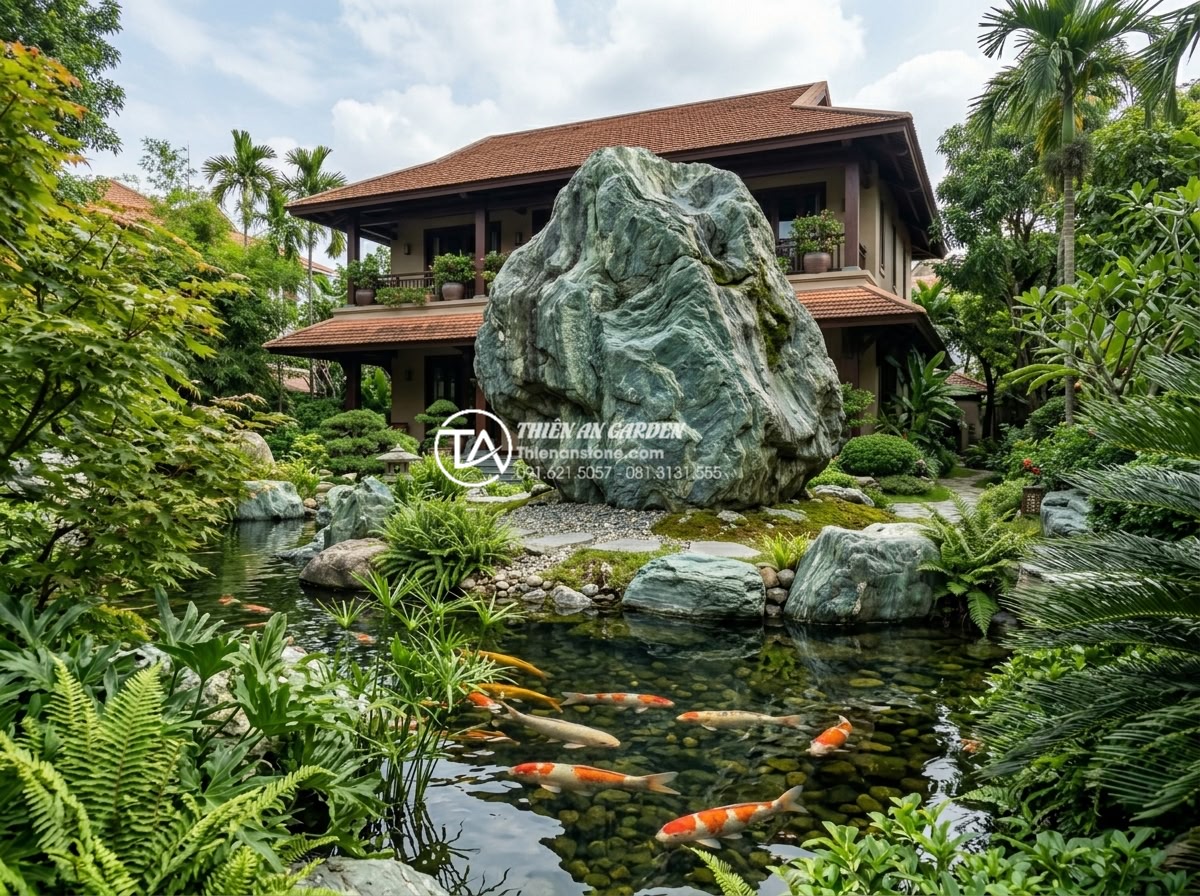 Quy trình 6 bước vận chuyển và lắp đặt đá xanh Nhật Bản kích thước lớn - High-resolution professional photograph of a large Japanese green stone boulder 