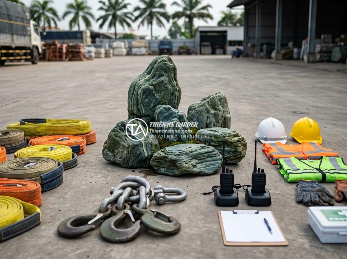 Quy trình 6 bước vận chuyển và lắp đặt đá xanh Nhật Bản kích thước lớn - Comprehensive equipment checklist and safety gear display for large stone transp