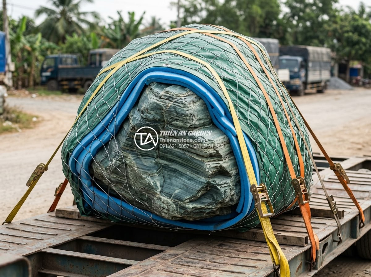 Quy trình 6 bước vận chuyển và lắp đặt đá xanh Nhật Bản kích thước lớn - Close-up view of a large Japanese green stone boulder expertly wrapped in multip