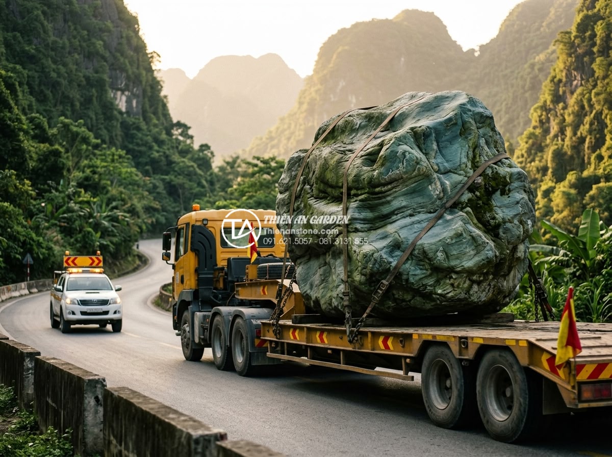 Quy trình 6 bước vận chuyển và lắp đặt đá xanh Nhật Bản kích thước lớn - Heavy-duty specialized truck transporting a massive protected Japanese green sto