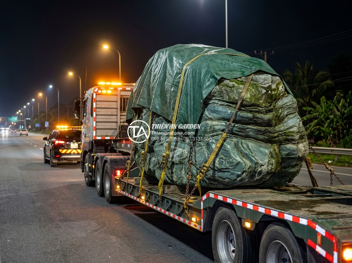 Quy trình 6 bước vận chuyển và lắp đặt đá xanh Nhật Bản kích thước lớn - Nighttime safe transport scene of large Japanese green stone on a low loader tru