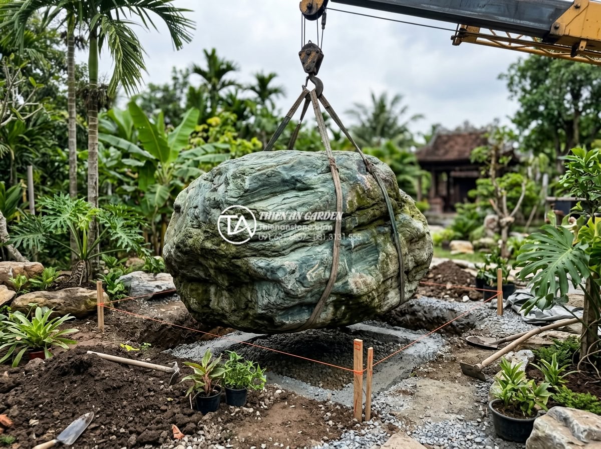 Quy trình 6 bước vận chuyển và lắp đặt đá xanh Nhật Bản kích thước lớn - Expert installation team carefully positioning a large Japanese green stone boul