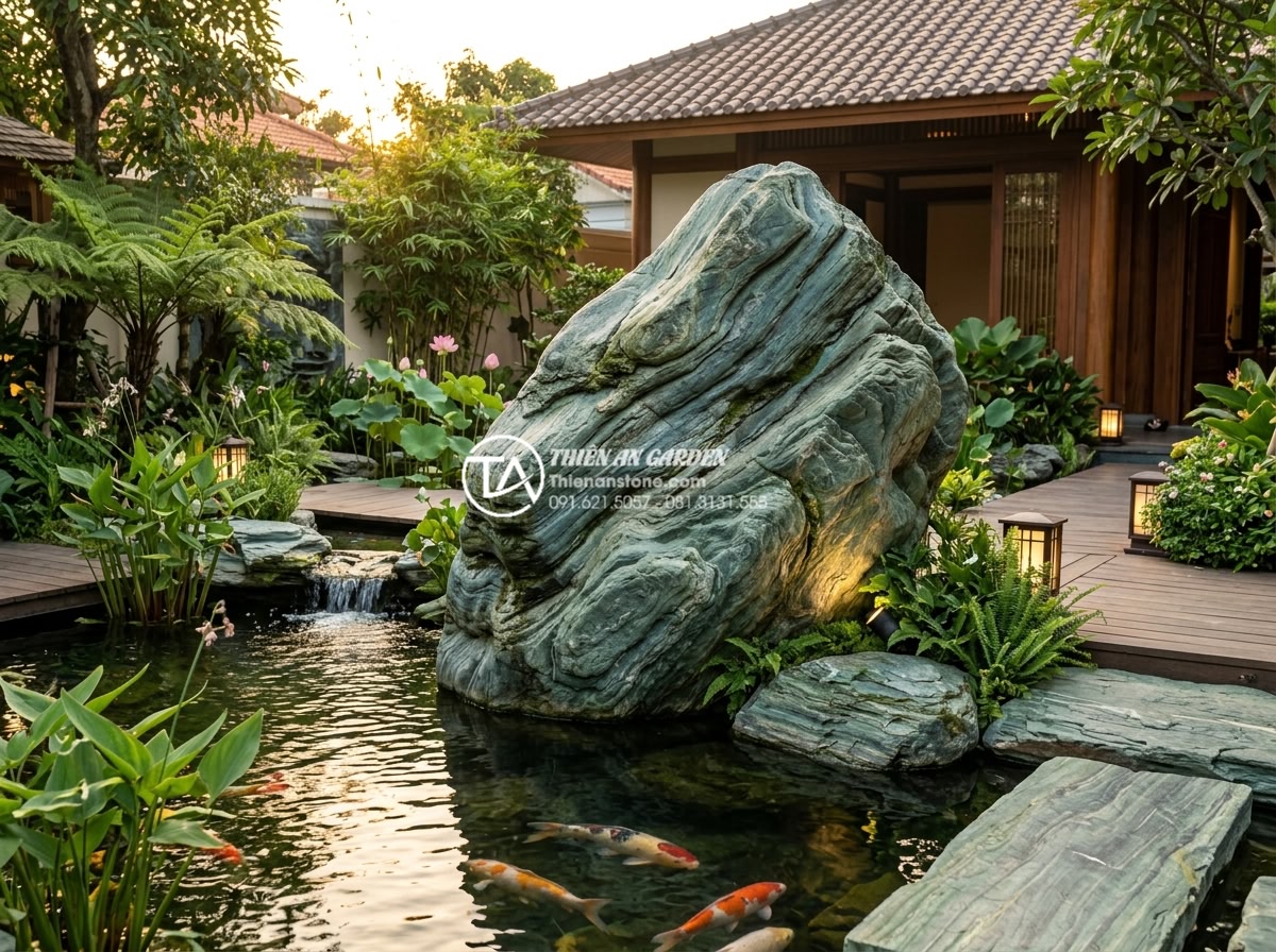 Quy trình 6 bước vận chuyển và lắp đặt đá xanh Nhật Bản kích thước lớn - Final installation view of a perfectly positioned large Japanese green stone in 