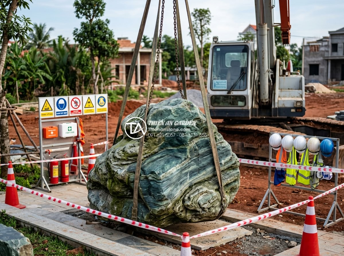Quy trình 6 bước vận chuyển và lắp đặt đá xanh Nhật Bản kích thước lớn - Safety compliance scene during large stone installation showing workers in full 