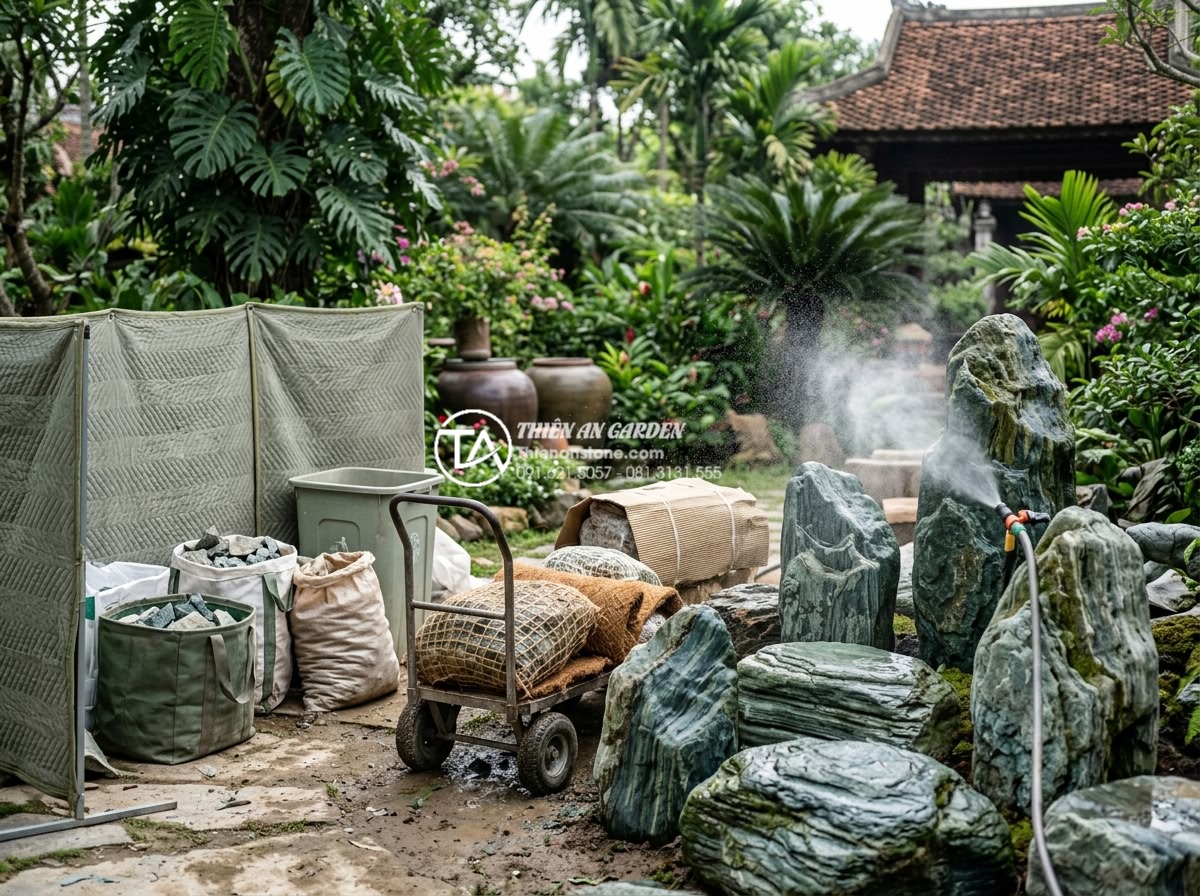 Quy trình 6 bước vận chuyển và lắp đặt đá xanh Nhật Bản kích thước lớn - Environmental protection measures during stone transport and installation includ