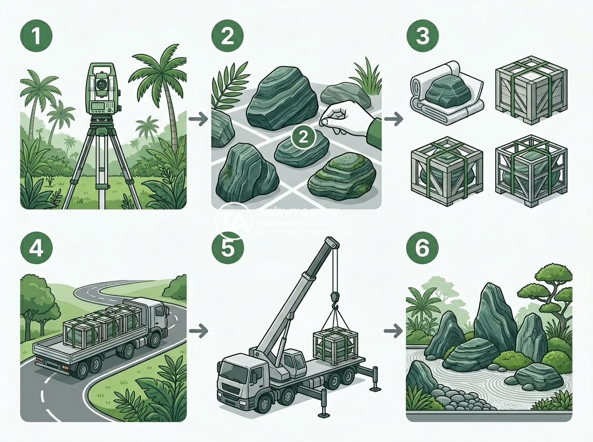 Quy trình 6 bước vận chuyển và lắp đặt đá xanh Nhật Bản kích thước lớn - Technical illustration style image of a 6-step flowchart for transporting and in