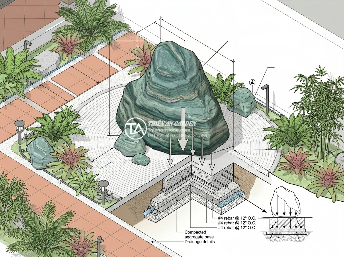 Quy trình 6 bước vận chuyển và lắp đặt đá xanh Nhật Bản kích thước lớn - Detailed 3D CAD rendering of a large Japanese green stone positioned in a garden