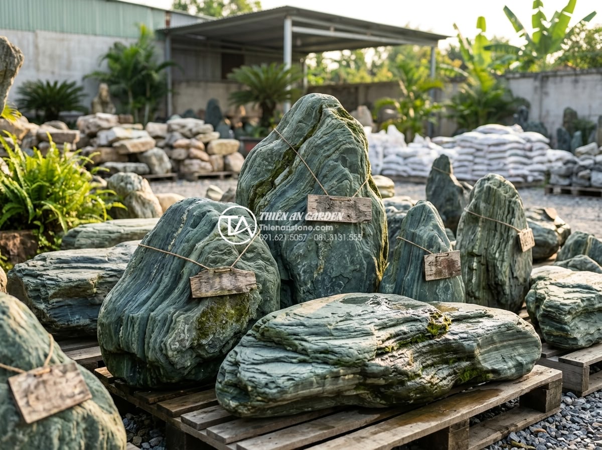 Quy trình 6 bước vận chuyển và lắp đặt đá xanh Nhật Bản kích thước lớn - Beautiful selection of multiple large Japanese green stones of varying shapes an