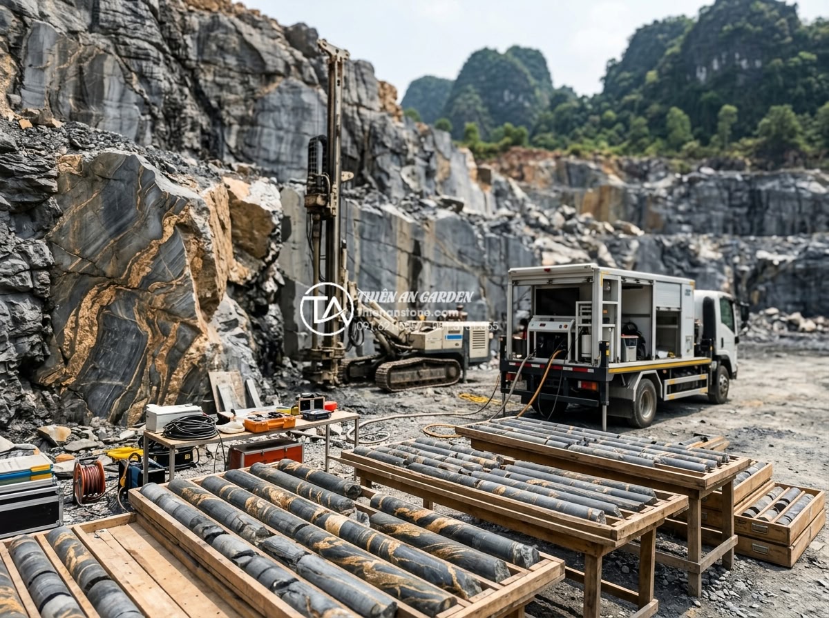Quy trình khai thác và chế tác đá mỹ nghệ từ khối đá trầm tích - Geological survey team using advanced 3D seismic scanning equipment and core dri