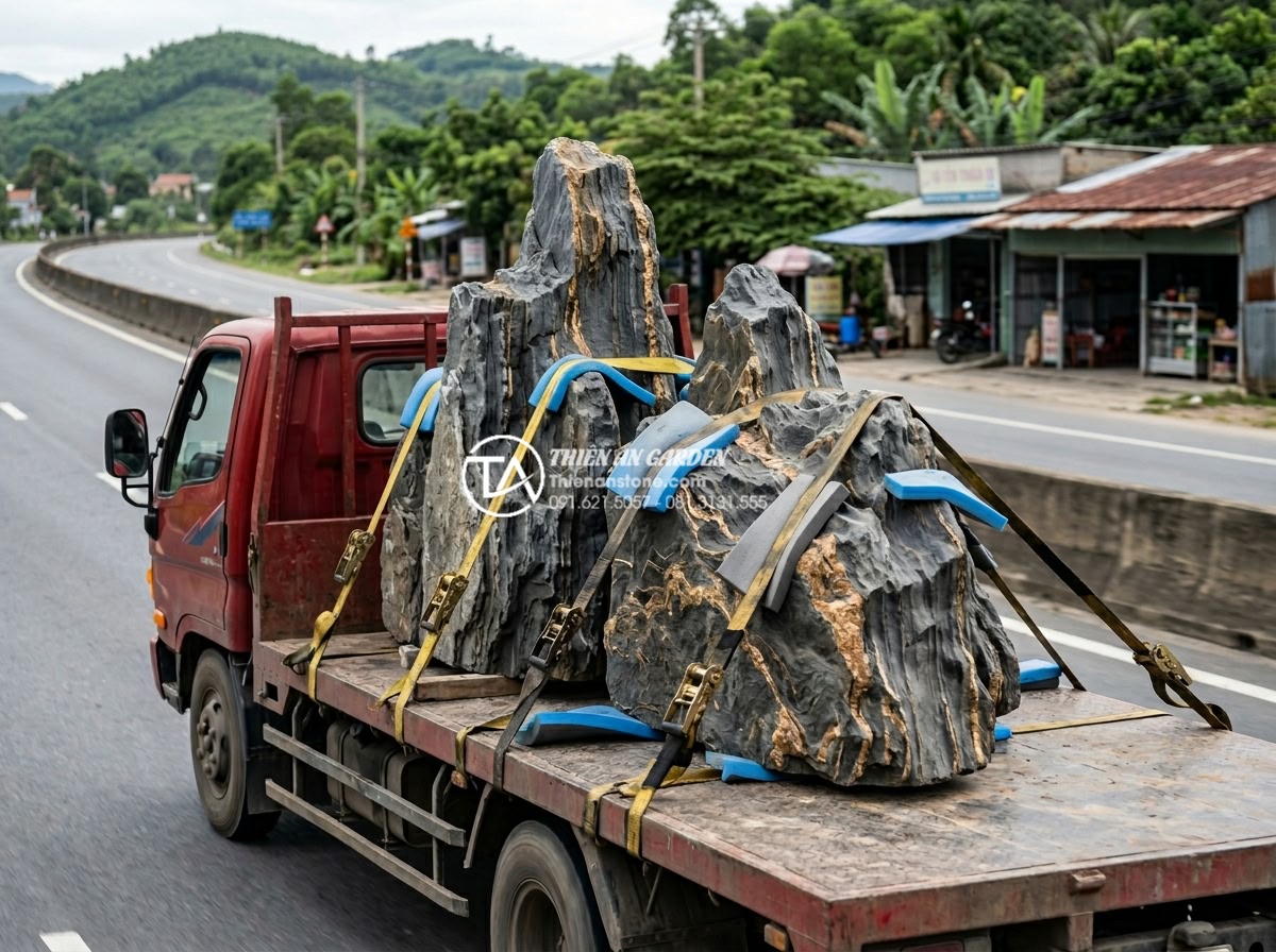 Quy trình khai thác và chế tác đá mỹ nghệ từ khối đá trầm tích - Heavy-duty flatbed truck transporting large protected sedimentary stone blocks f
