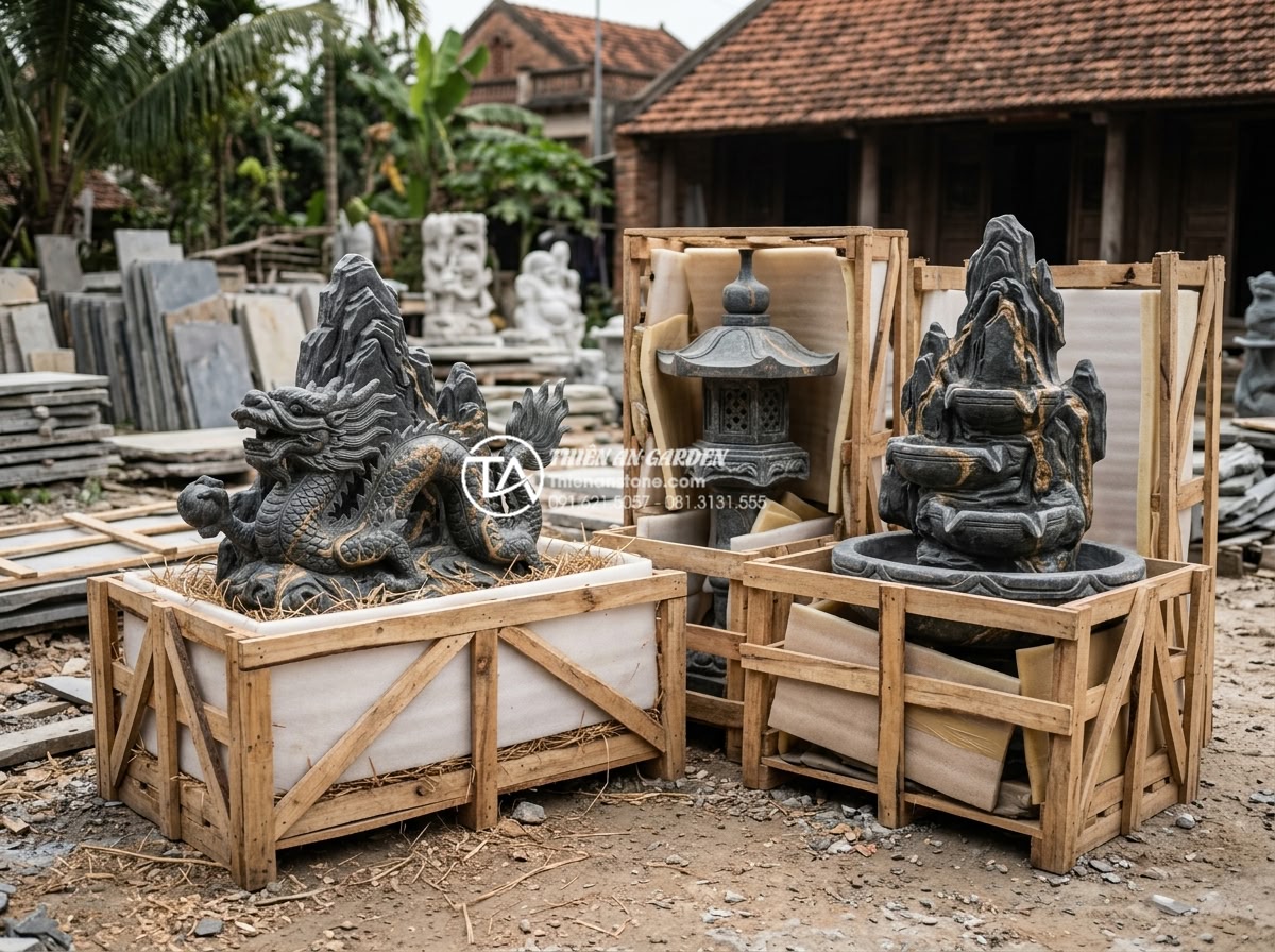 Quy trình khai thác và chế tác đá mỹ nghệ từ khối đá trầm tích - Finished high-end sedimentary stone garden sculpture set including lantern fount