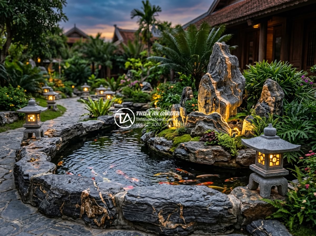 Quy trình khai thác và chế tác đá mỹ nghệ từ khối đá trầm tích - Luxury resort garden featuring multiple sedimentary stone lanterns koi pond bord
