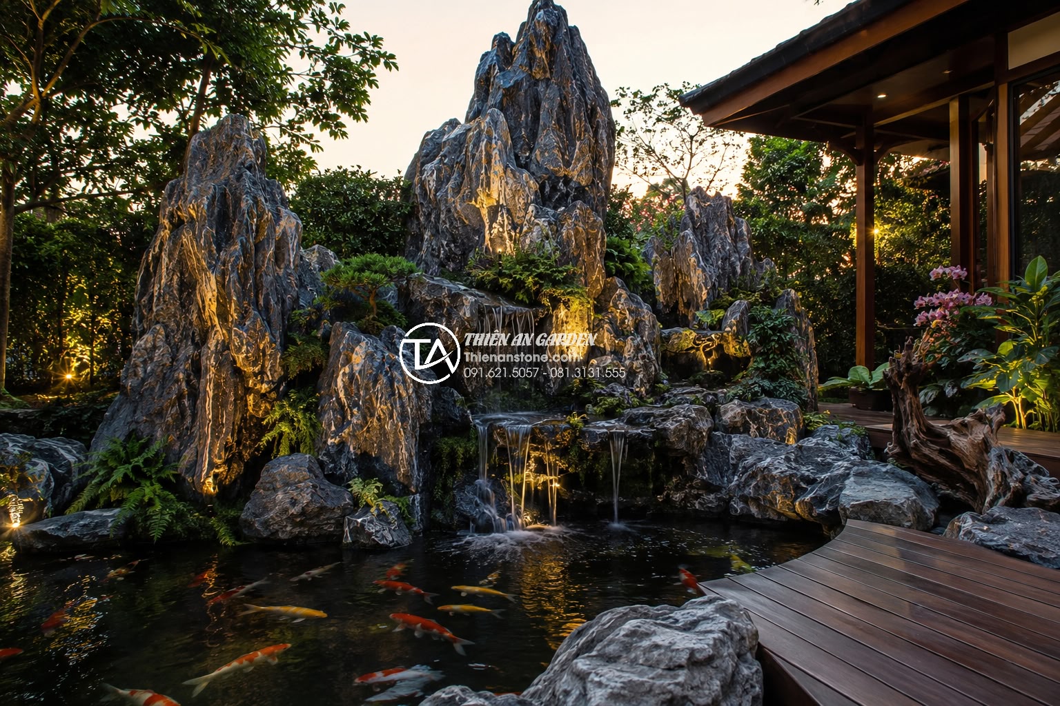 Quy trình thiết kế và thi công tiểu cảnh non bộ chuyên nghiệp từ A-Z - Professional wide-angle photograph of a luxurious modern Vietnamese villa garden