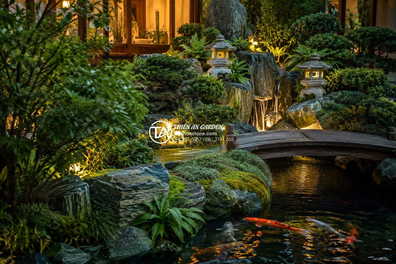 Quy trình thiết kế và thi công tiểu cảnh non bộ chuyên nghiệp từ A-Z - Final professional touch-up of completed rockery with lush green plants, ferns a