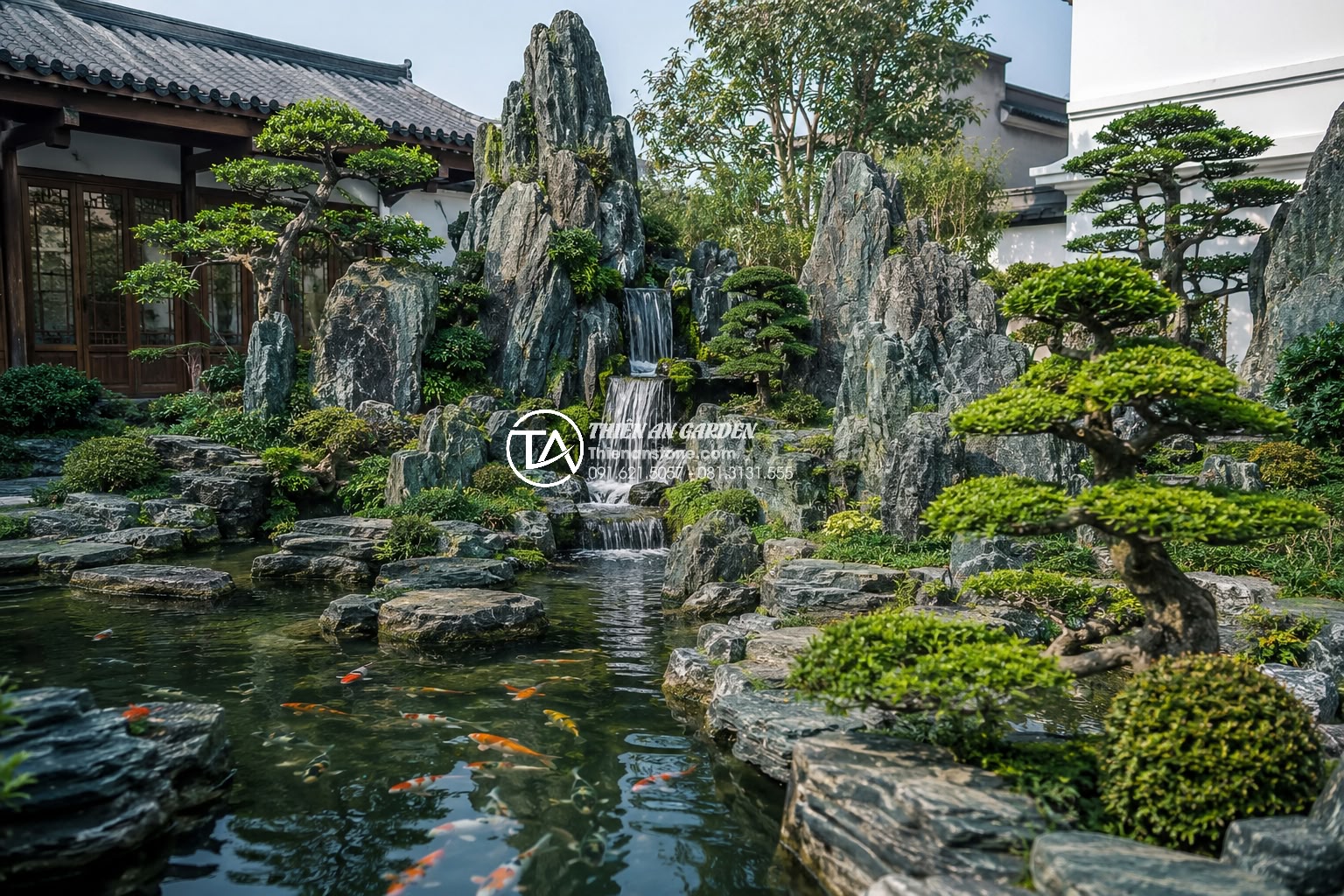 Quy trình thiết kế và thi công tiểu cảnh non bộ chuyên nghiệp từ A-Z - Detailed 3D architectural rendering of professional rockery design principles sh