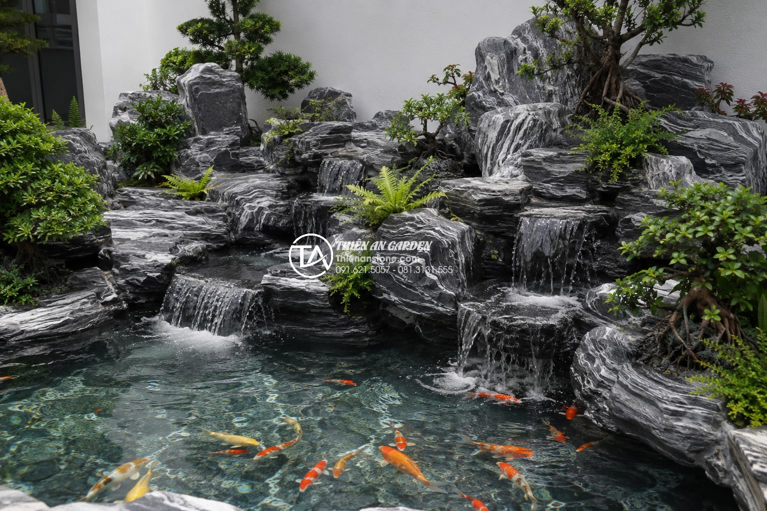 Quy trình thiết kế và thi công tiểu cảnh non bộ chuyên nghiệp từ A-Z - Professional installation of integrated koi pond and cascading waterfall system 