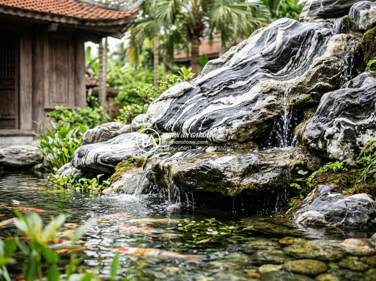 Review các loại keo chuyên dụng để gắn đá Seiryu làm hòn non bộ - Hình 10 Review các loại keo chuyên dụng để gắn đá Seiryu làm hòn non bộ - Seamless silicone bonded Seiryu stones in a Koi pond rockery showing water resis